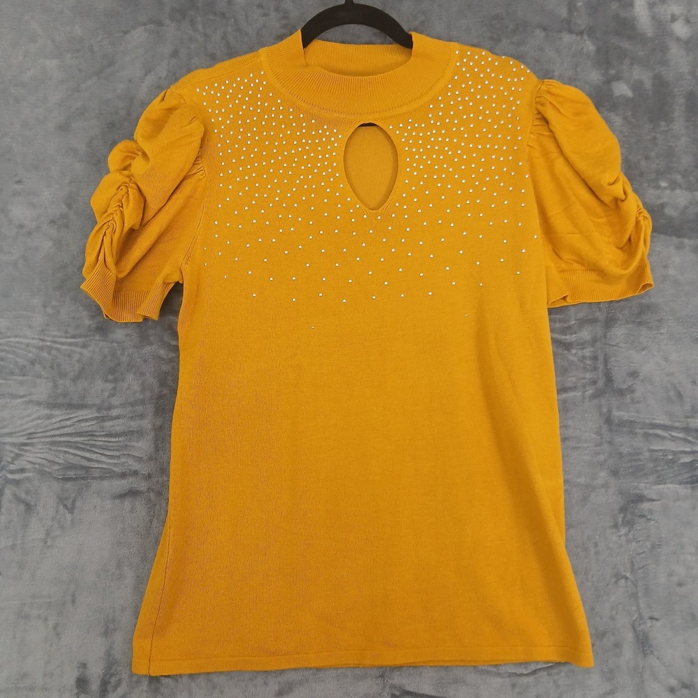 80 Park Sweater‎ Womens XL Puff Sleeve Rhinestone Keyhole Knit Pullover Top
